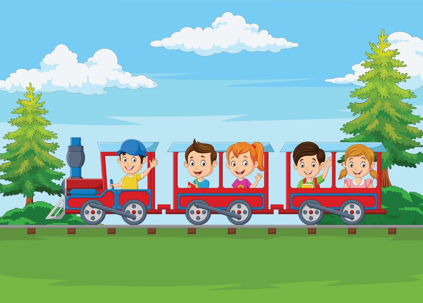 dibujos animados de niños felices montando en el tren vector