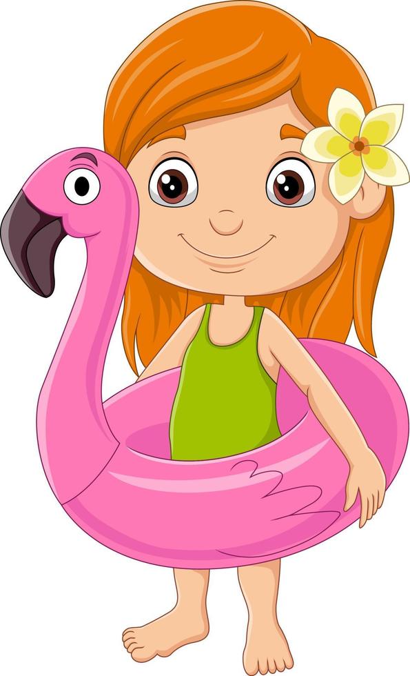 Cartoon little girl with flamingo inflatable ring vector