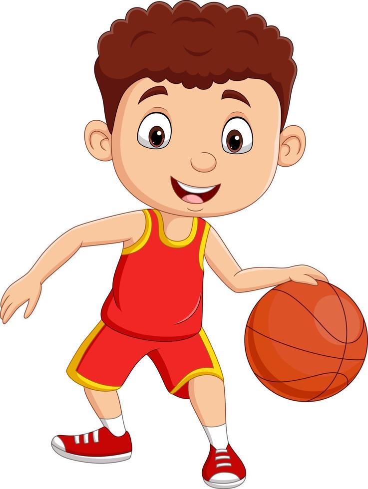 niño pequeño de dibujos animados jugando baloncesto vector