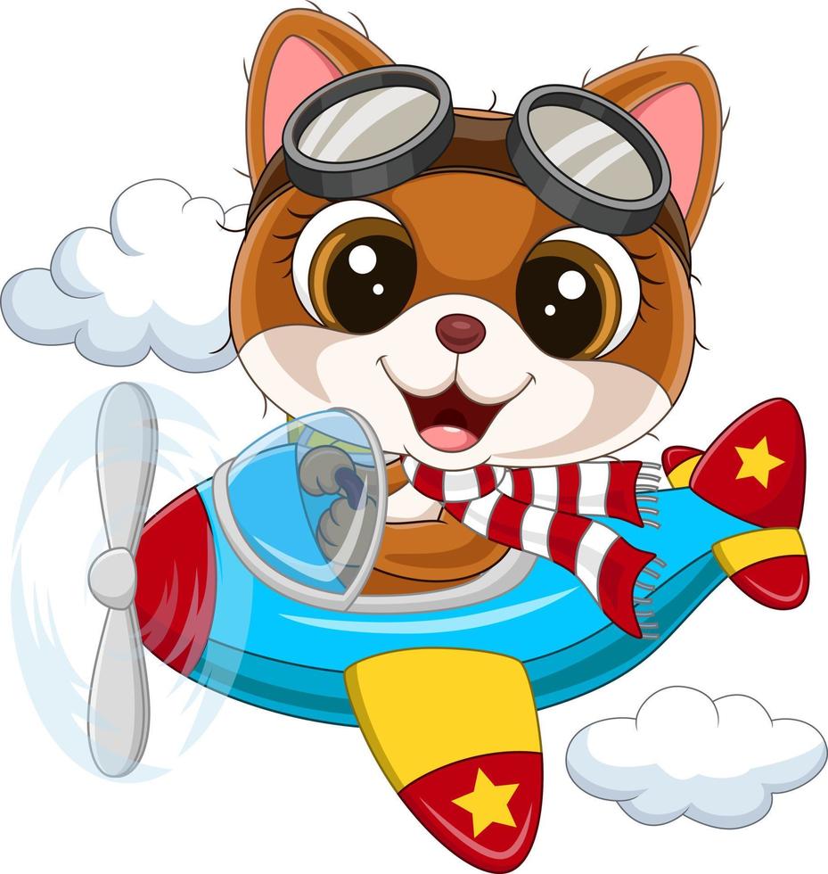 Cartoon baby cat operating a plane vector