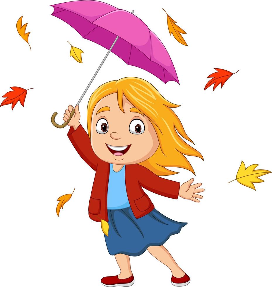 Cartoon little girl with umbrella and autumn leaves vector