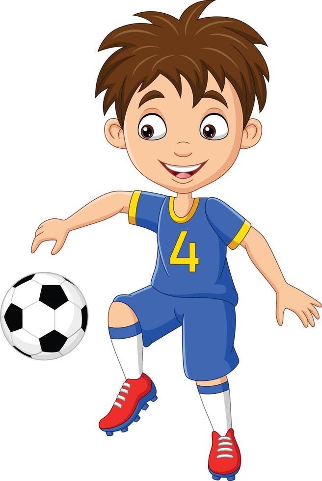 niño pequeño de dibujos animados jugando al fútbol vector