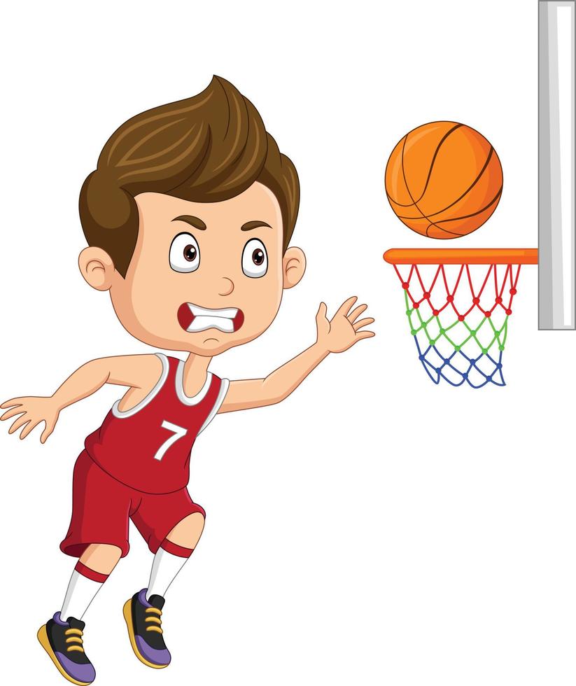 niño pequeño de dibujos animados jugando baloncesto vector