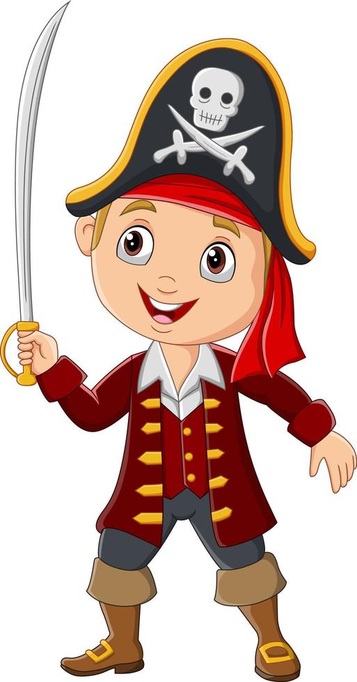 niño pirata de dibujos animados sosteniendo una espada vector