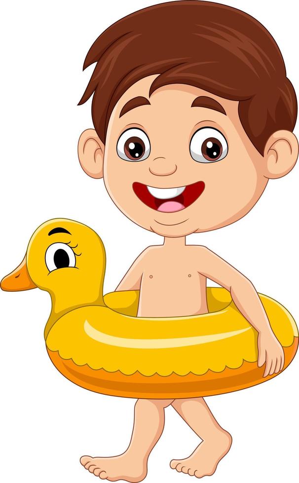 niño pequeño de dibujos animados con anillo de pato inflable vector