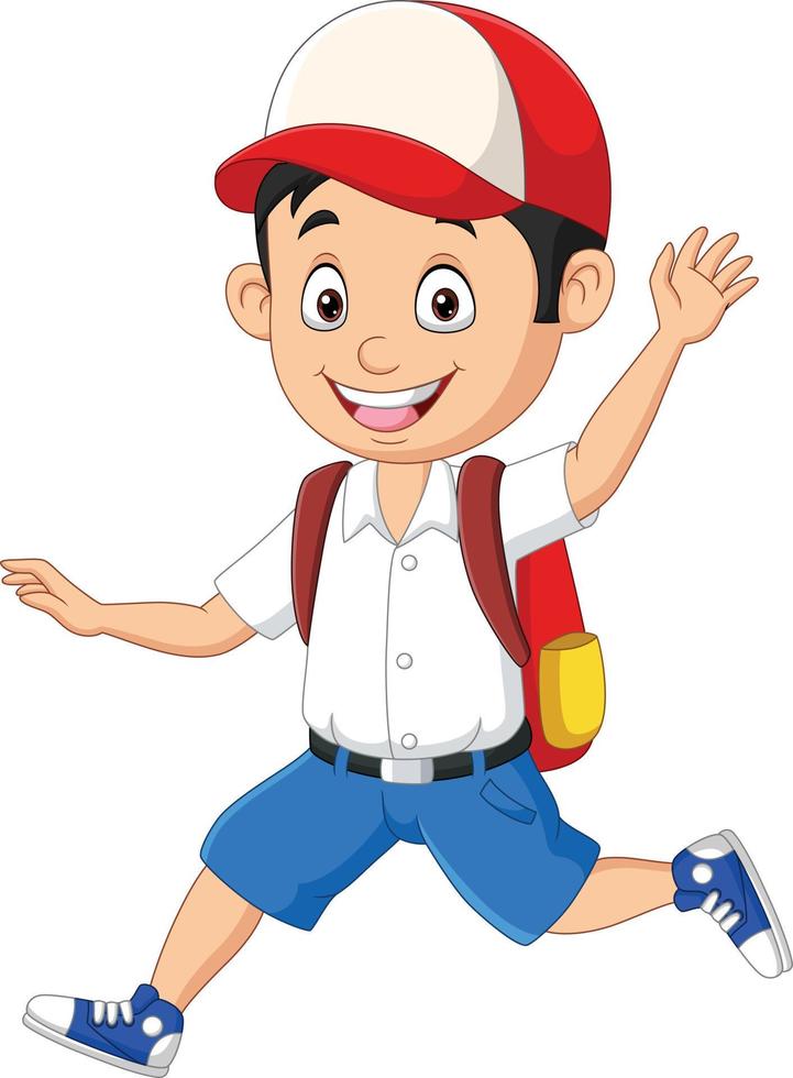 Cartoon happy school boy in uniform running vector