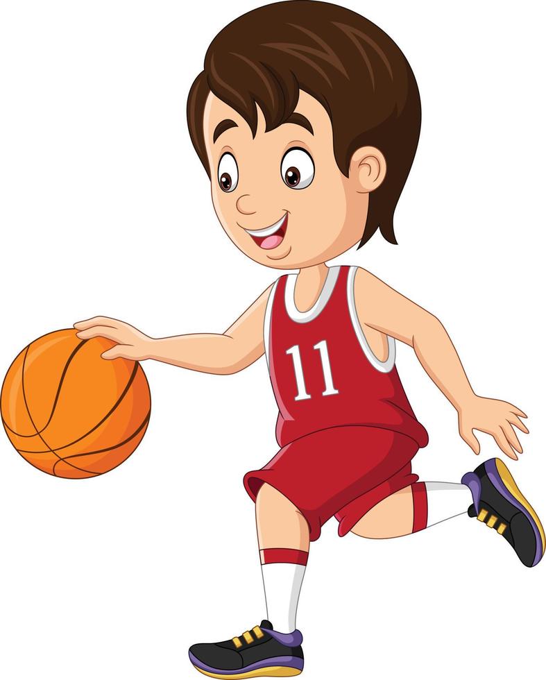niño pequeño de dibujos animados jugando baloncesto vector