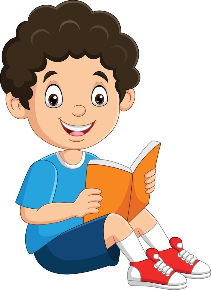 niño feliz sentado leyendo un libro vector