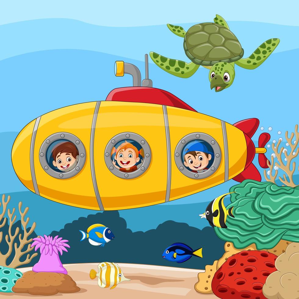 niños felices de dibujos animados en un viaje submarino submarino vector