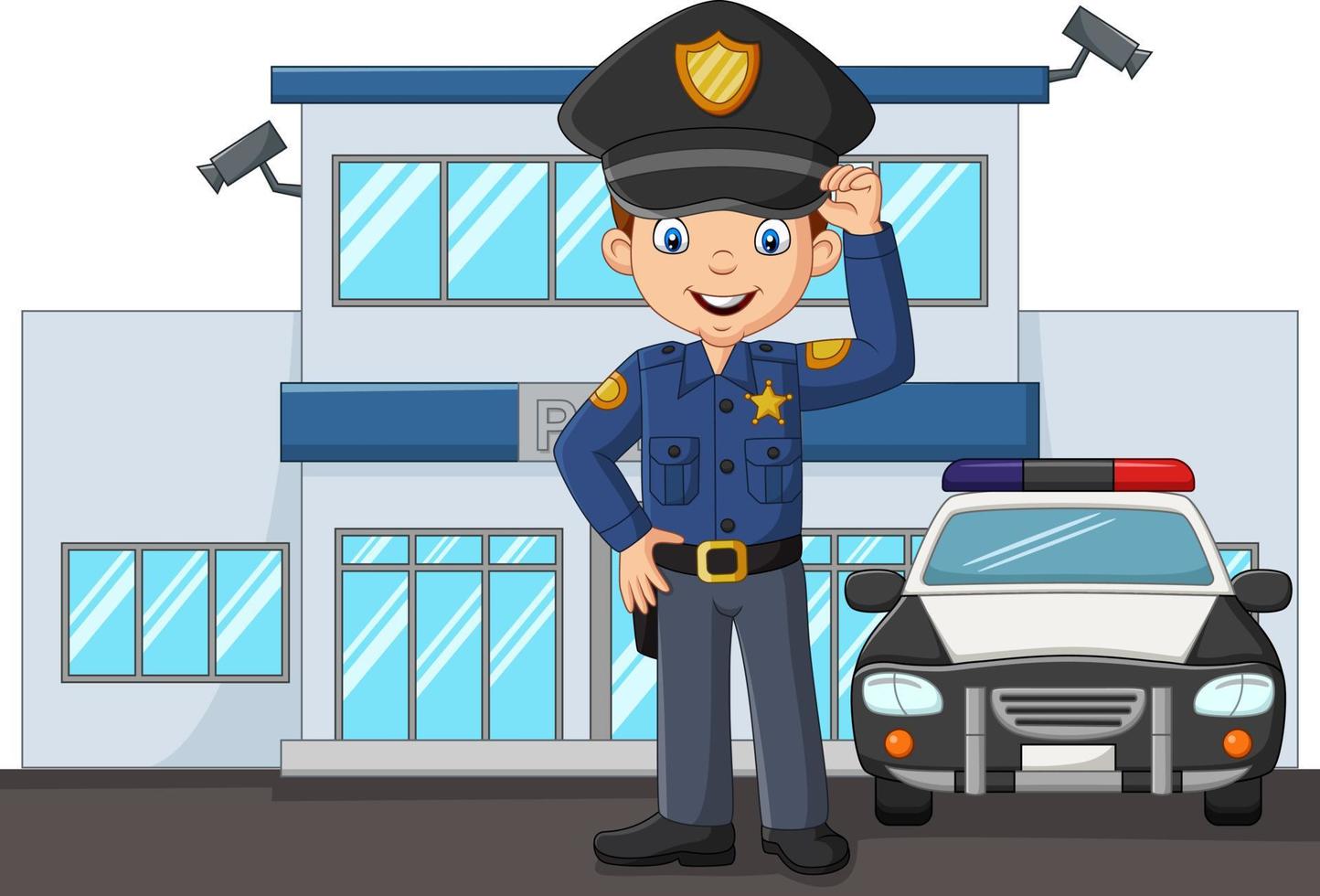 Cartoon policeman standing in city police department building vector
