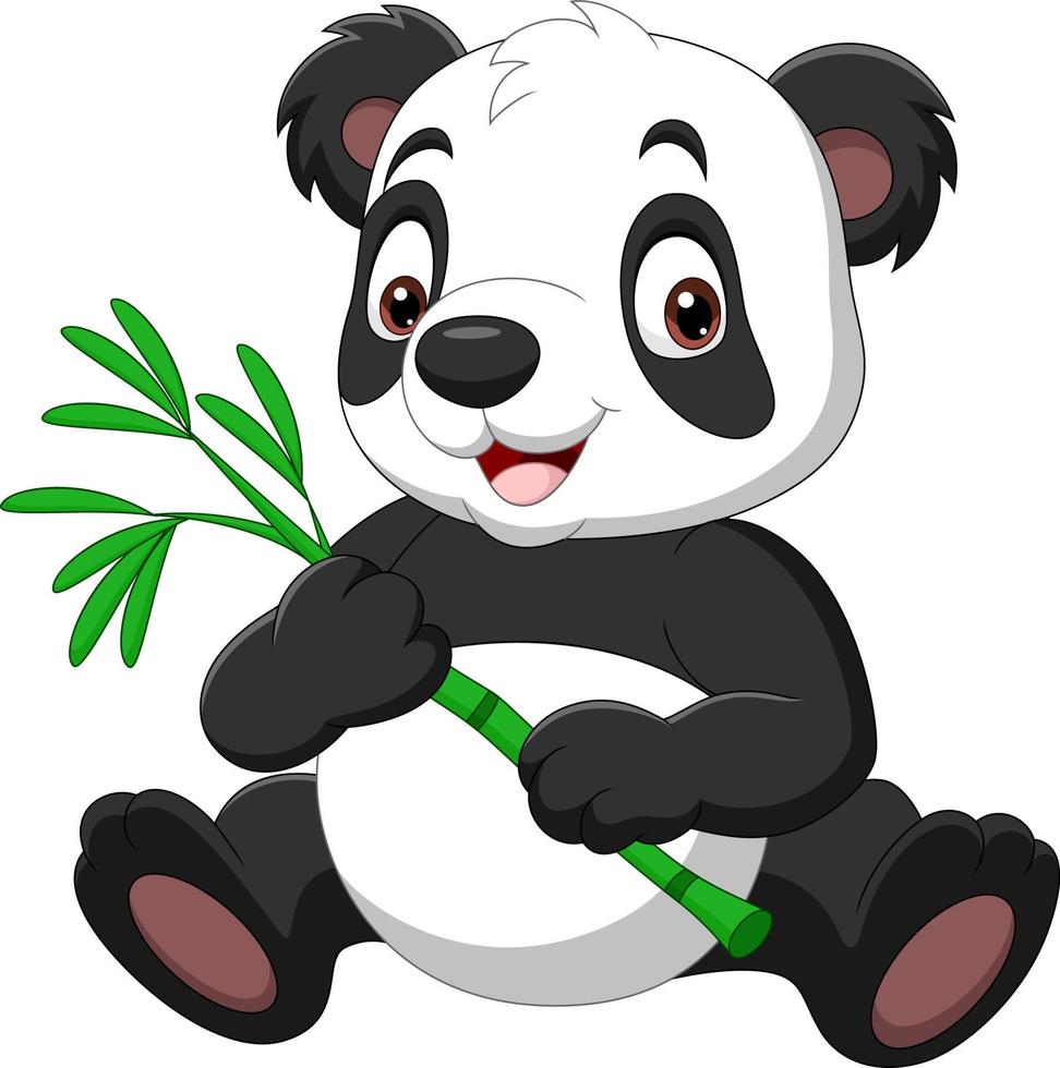 Cartoon funny panda holding bamboo vector