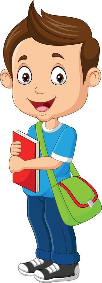 niño feliz de dibujos animados con libro y mochila vector