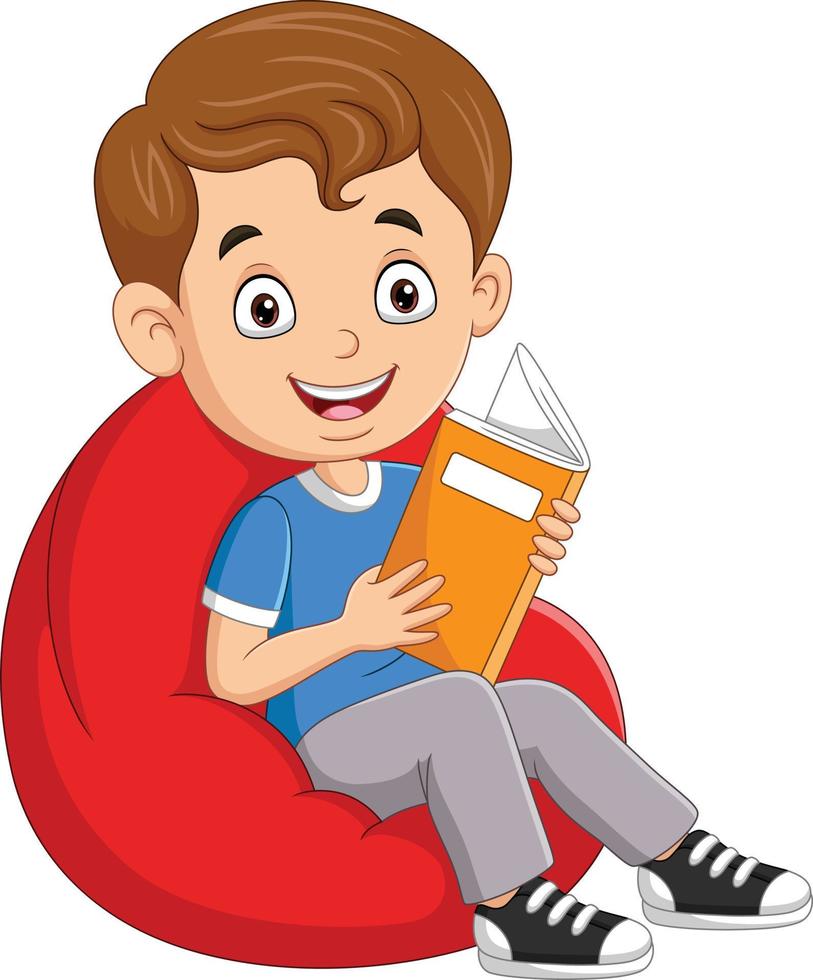 Little boy reading a book and sitting on big pillow vector