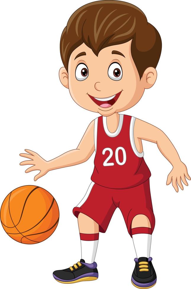 niño pequeño de dibujos animados jugando baloncesto vector