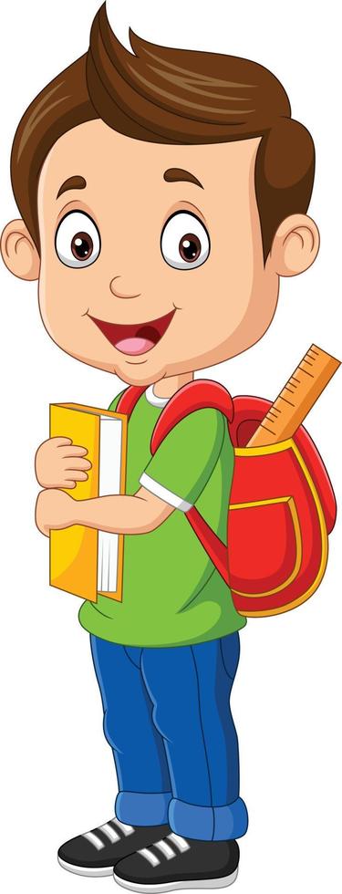 niño feliz de dibujos animados con libro y mochila vector