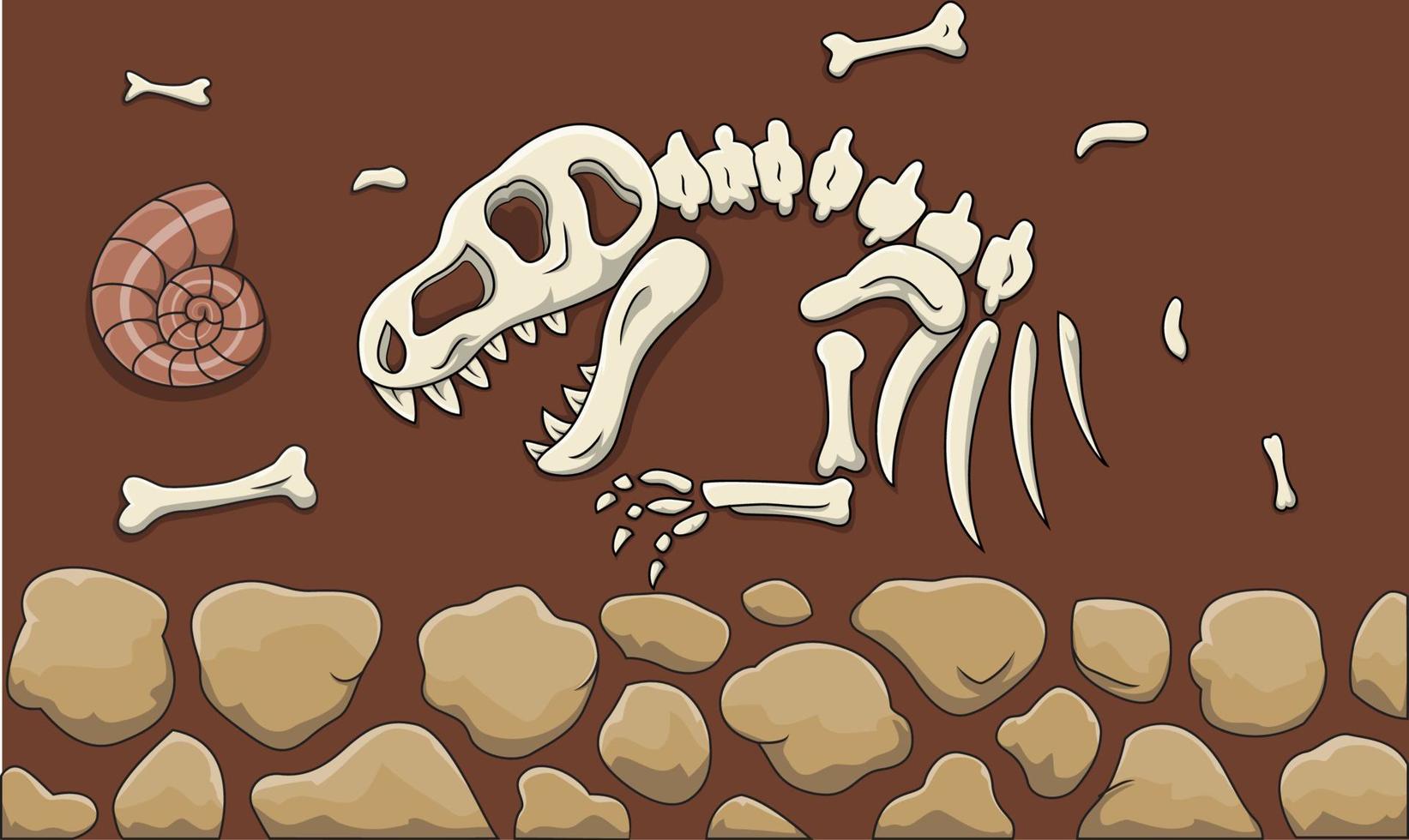 Cartoon fossil animals with dinosaur, fish, bone and shell vector