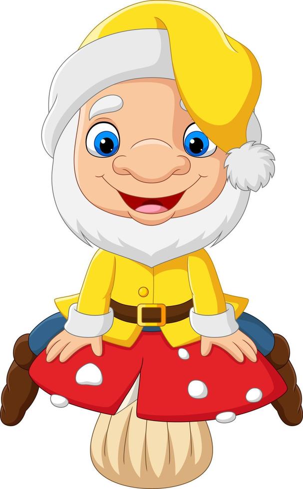 Cartoon funny dwarf sitting on mushroom vector