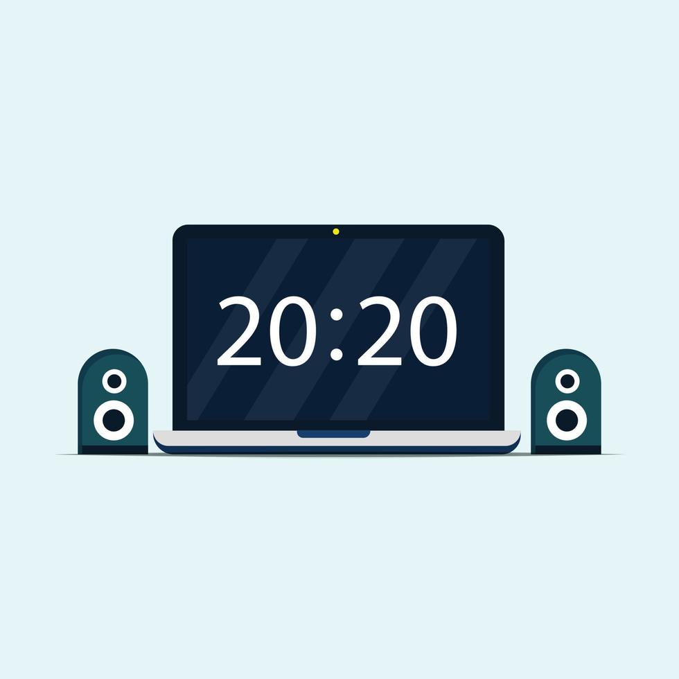 Minimalist laptop showing time with two loud speaker vector