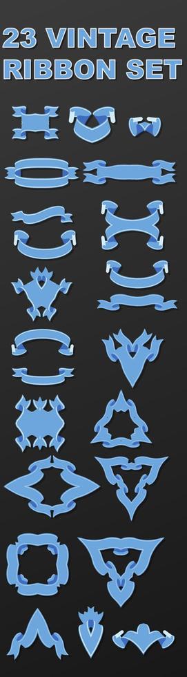 Vintage blue ribbons set vector flat design. Heraldic curled element collection