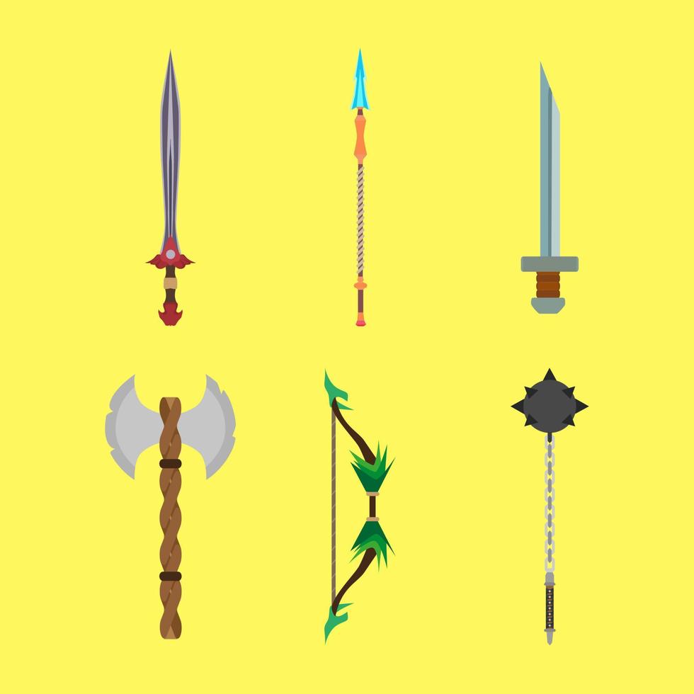 Medieval cartoons weapons set concept vector flat illustration design. Decoration icons for fantasy game