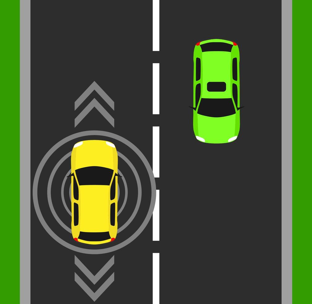 fondo de la vista superior del coche autónomo. vehículo digital por encima de la ilustración. símbolo de vector sin conductor de diseño inteligente aislado. sensor de objetos de tecnología gps futuro. concepto de información de primer plano de la carretera