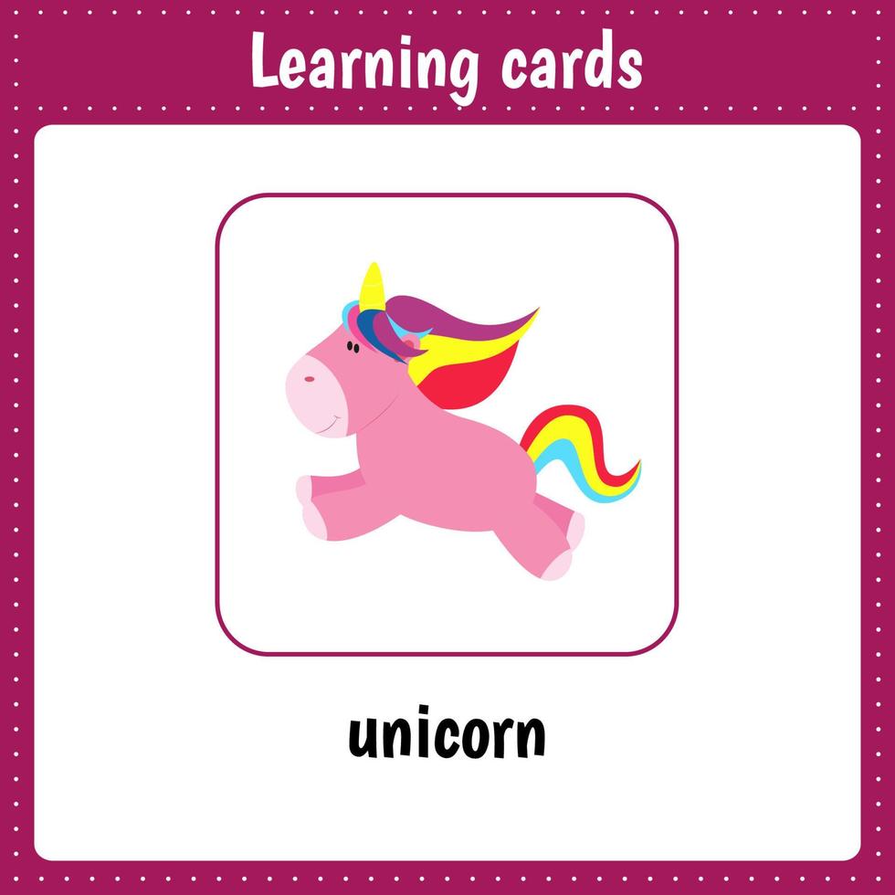 Learning cards for kids. Animals. Unicorn vector