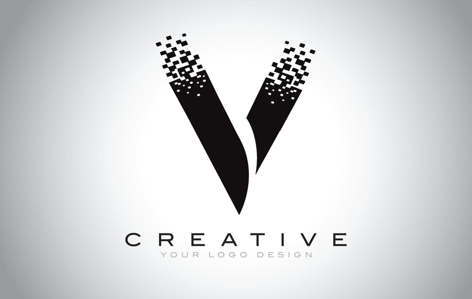 v diseño de logotipo de letra inicial con píxeles digitales en colores blanco y negro. vector