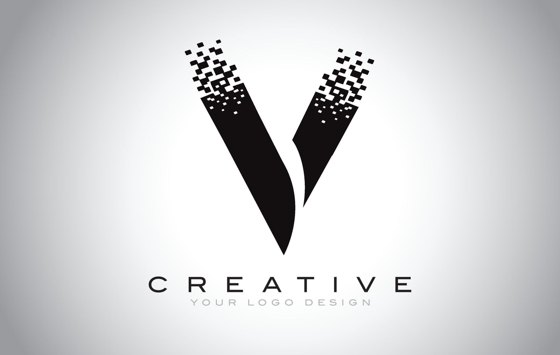 V Initial Letter Logo Design with Digital Pixels in Black and White