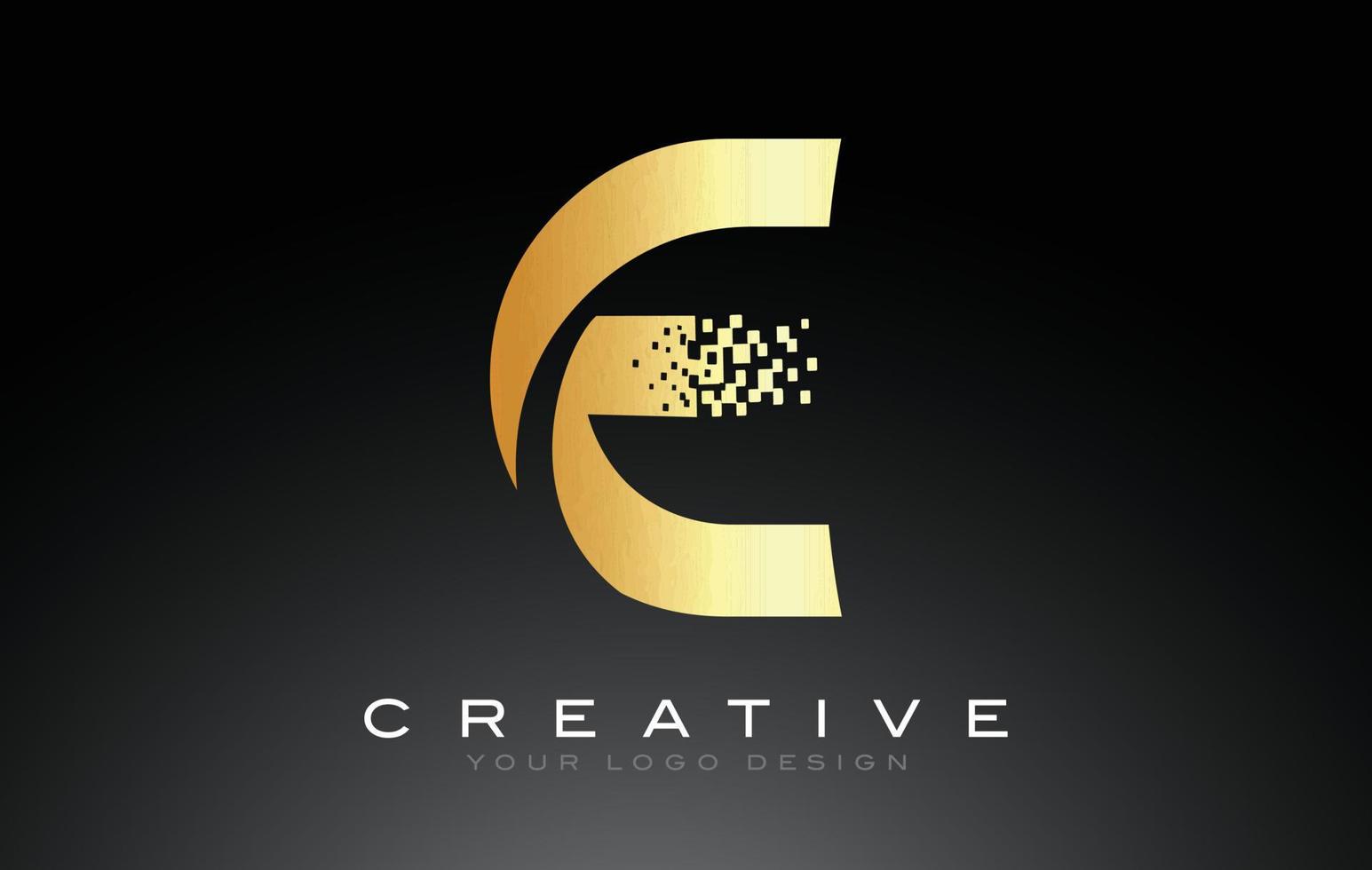 e diseño de logotipo de letra inicial con píxeles digitales en colores dorados. vector