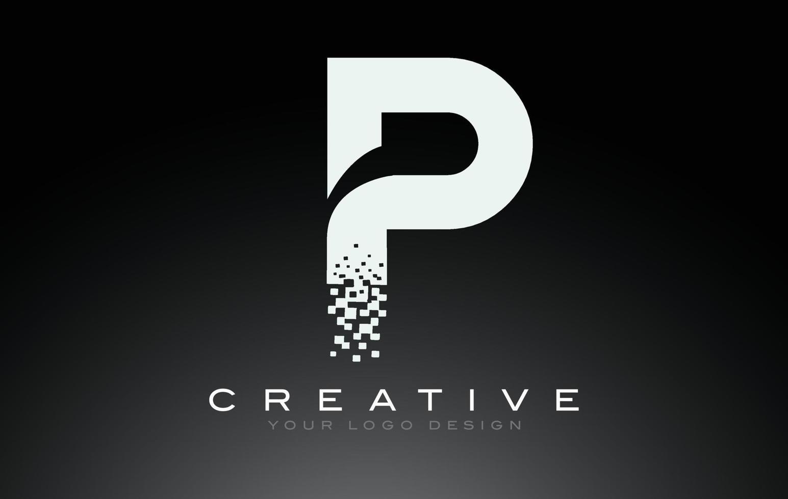 Diseño de logotipo de letra inicial p con píxeles digitales en colores blanco y negro. vector