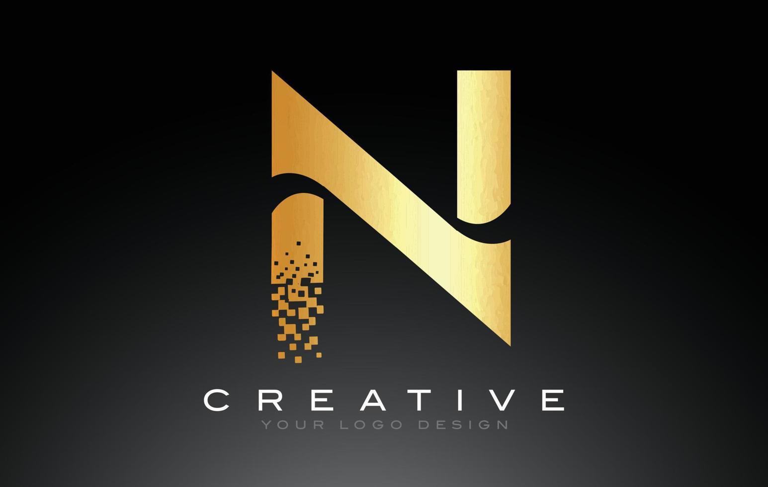 N Initial Letter Logo Design with Digital Pixels in Golden Colors. vector