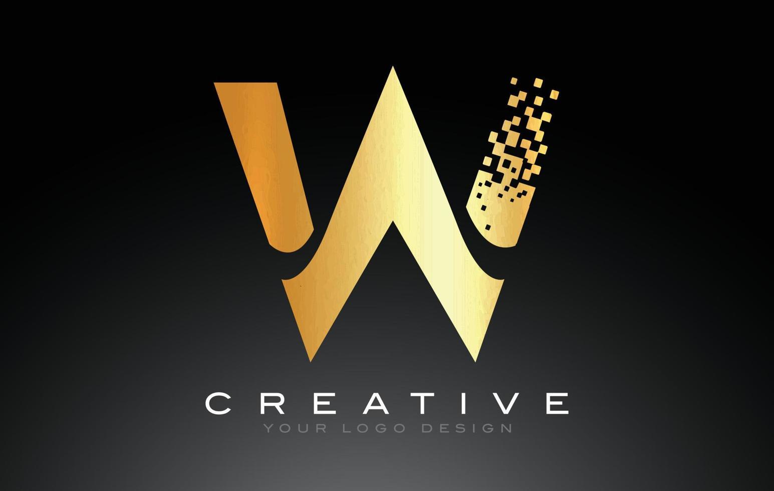 W Initial Letter Logo Design with Digital Pixels in Golden Colors. vector