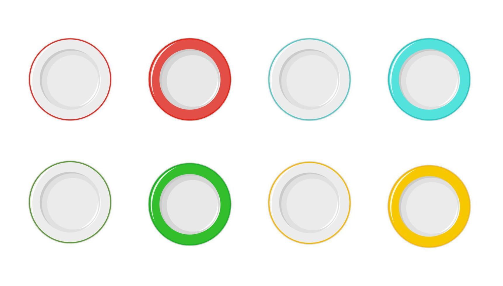 Empty plates with red, blue, yellow and green border on a white background. vector