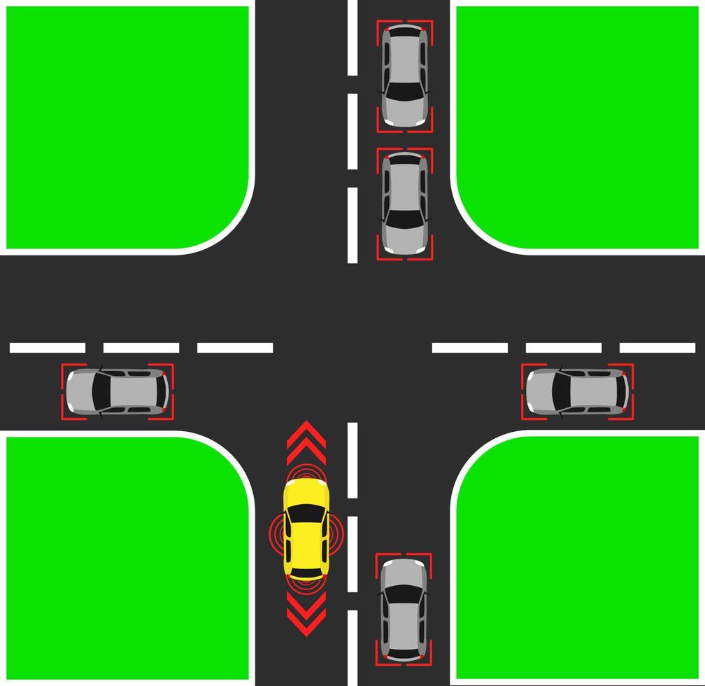 fondo de la vista superior del coche autónomo. vehículo digital por encima de la ilustración. símbolo de vector sin conductor de diseño inteligente aislado. sensor de objetos de tecnología gps futuro. concepto de información de primer plano de la carretera