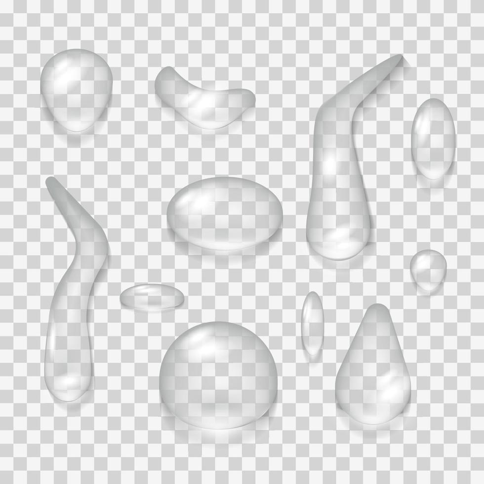 gota de agua realista 3d conjunto vector ilustración fondo aislado. agua líquida de burbuja pura transparente. telón de fondo limpiar superficie diseñar movimiento rain. icono de reflexión que cae brillante. forma de rocío suave