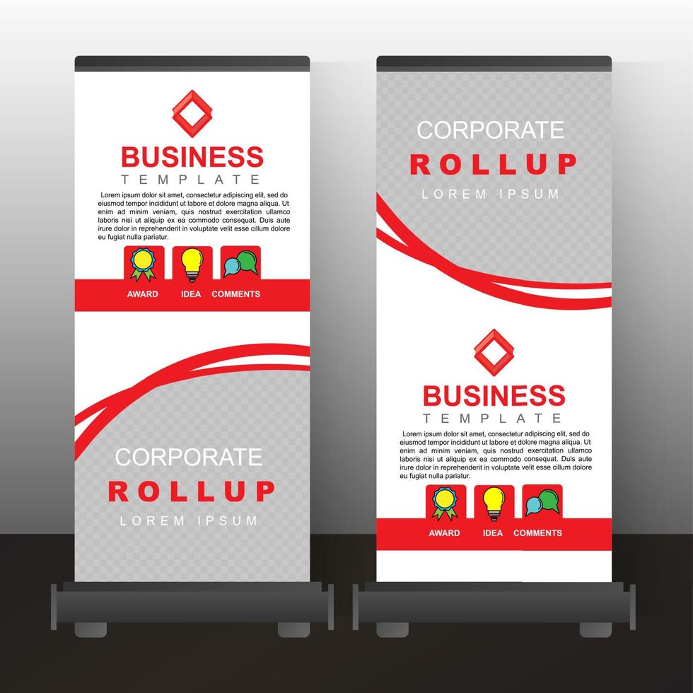 Roll up red banner commercial template design. Concept business creative graphic stand vector. vector