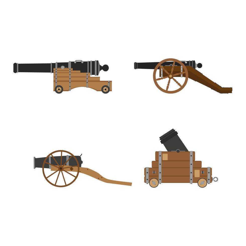 Medieval artillery cannon set vector flat illustration design concept. Castle defense weapon