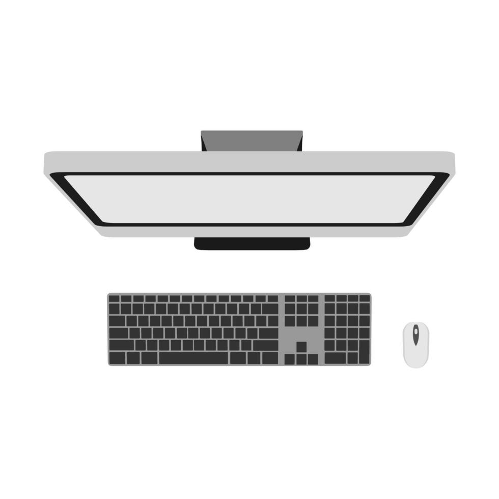 Computer top view technology business office design background. Above white screen PC vector object. Desktop table icon monitor isolated illustration flat. Work closeup color blank with keyboard