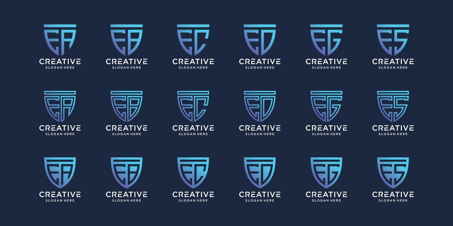 Set of creative bundle monogram logo design initial letter e combined with other in shield. Premium Vector