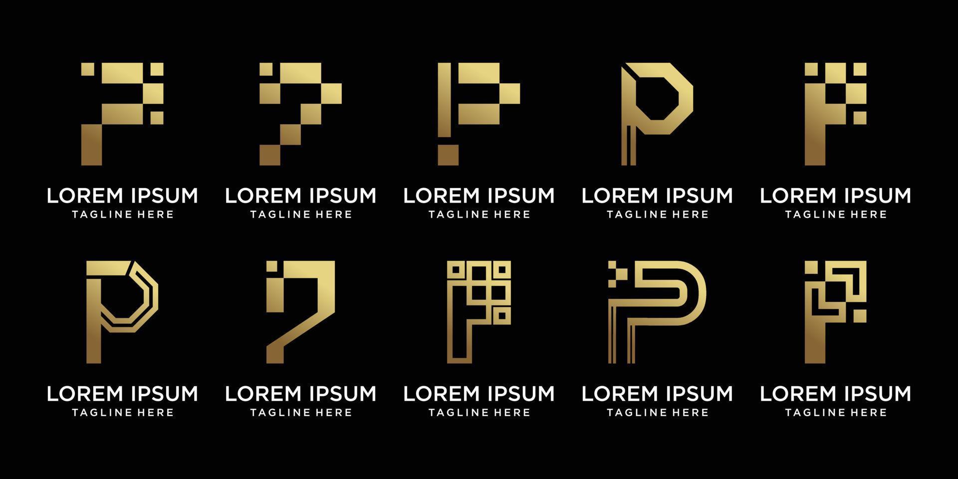 Set of creative bundle monogram logo design initial letter p with golden style color. icon logo for business company and personal Premium Vector