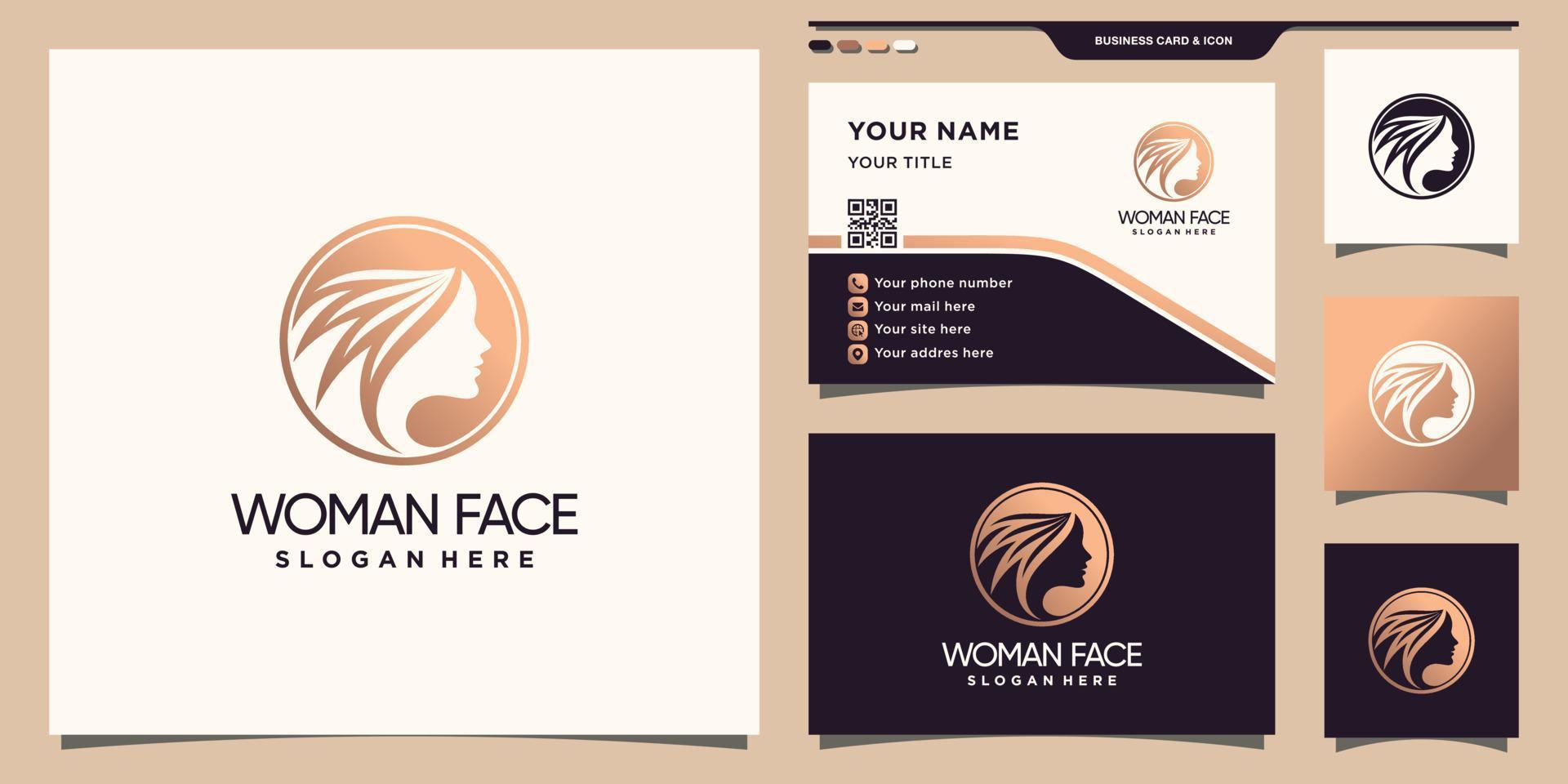 Woman face logo with negative space circle concept and business card design Premium Vector