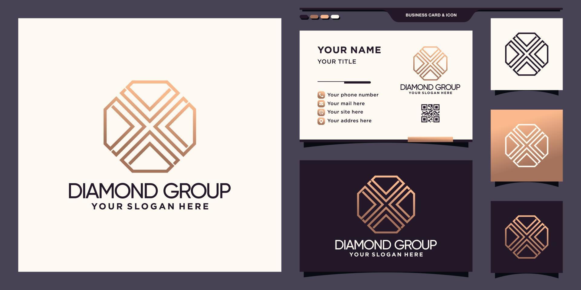 Creative diamond group logo with line art style and business card design Premium vector