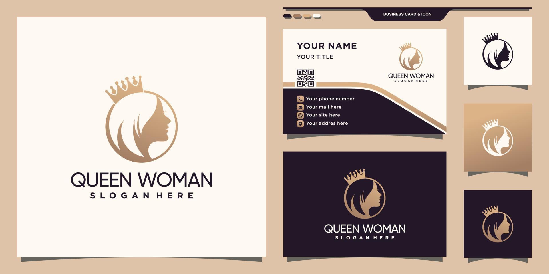 logotipo de cara y corona de mujer con concepto único y diseño de tarjeta de visita vector premium