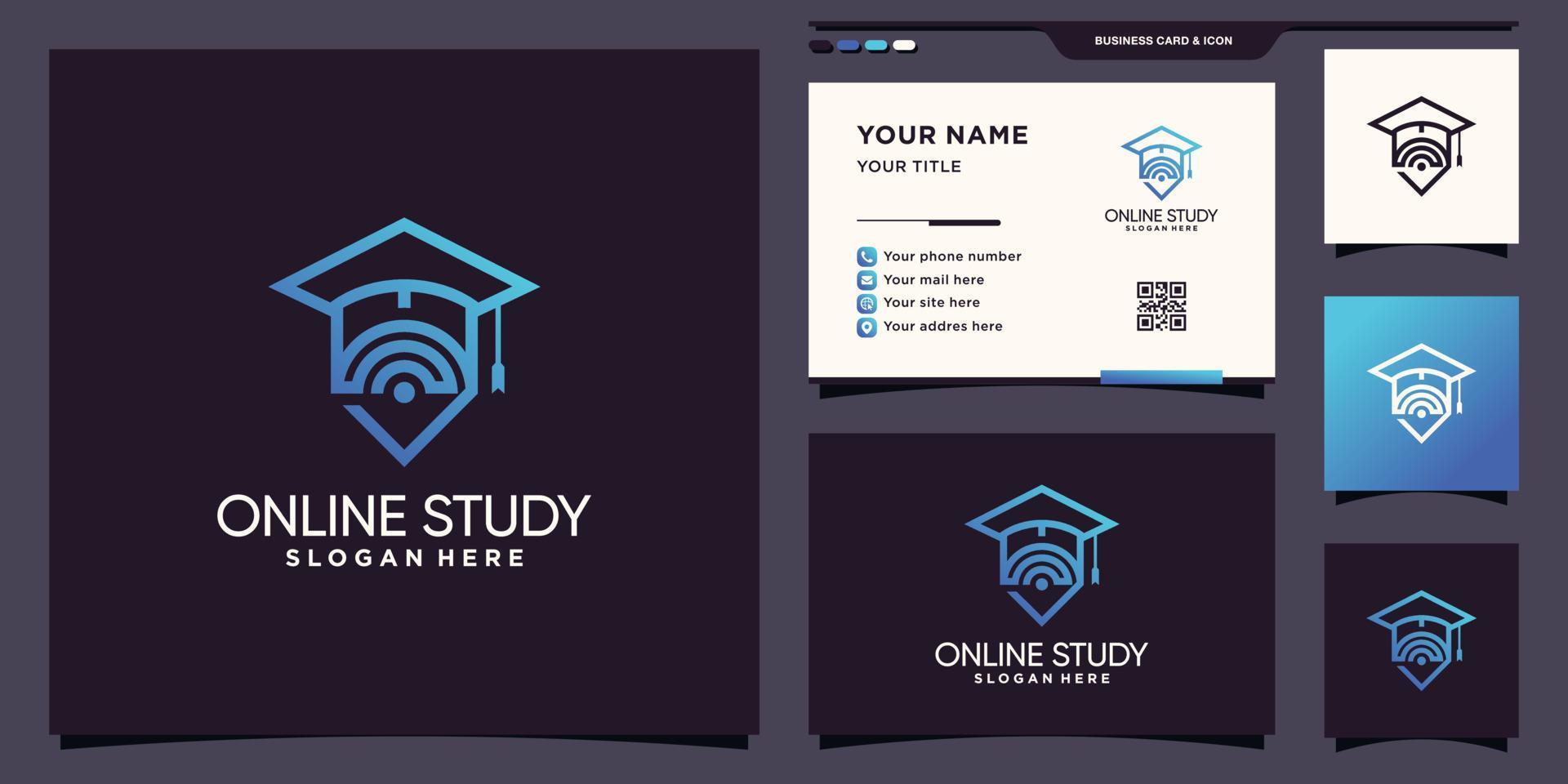 Creative online study logo with unique line art style and business card design Premium Vector