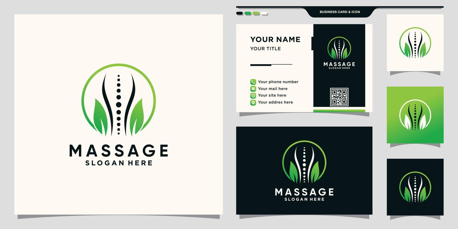 Massage therapy logo with circle line art style and business card design Premium Vector