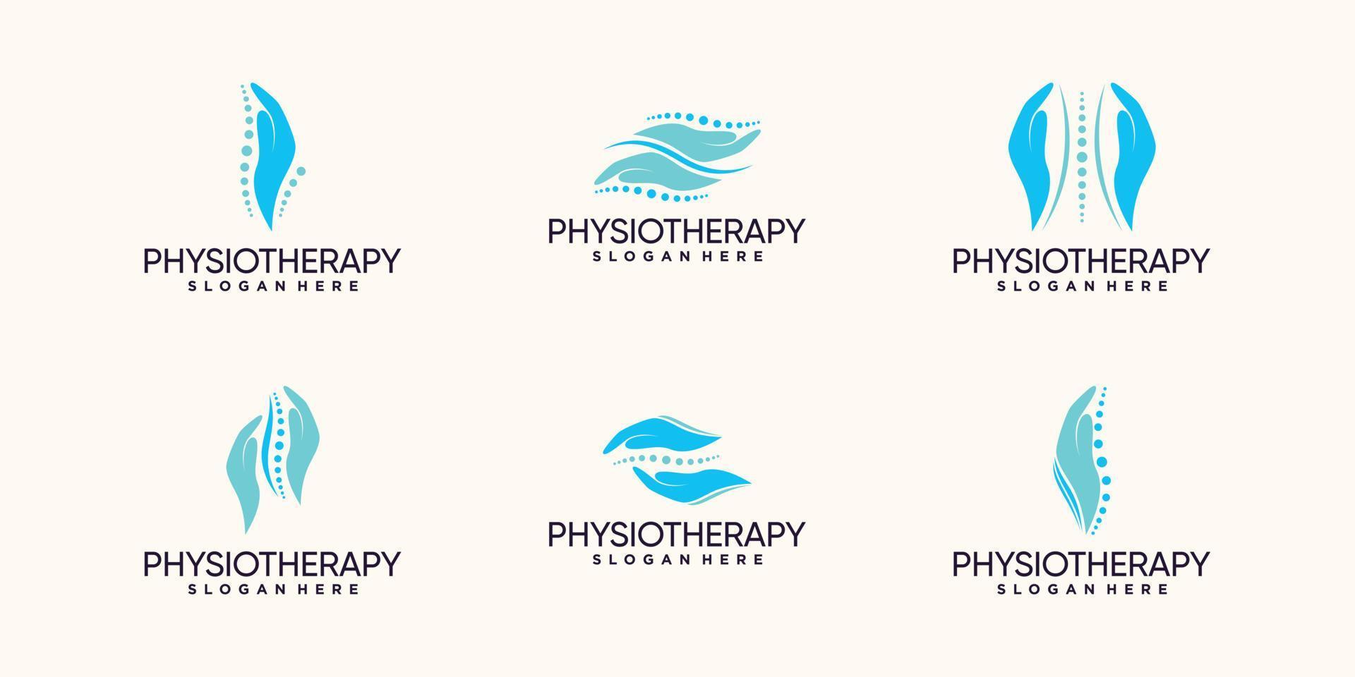 conjunto de diseño de logotipo de fisioterapia con vector premium de concepto de mano y hueso