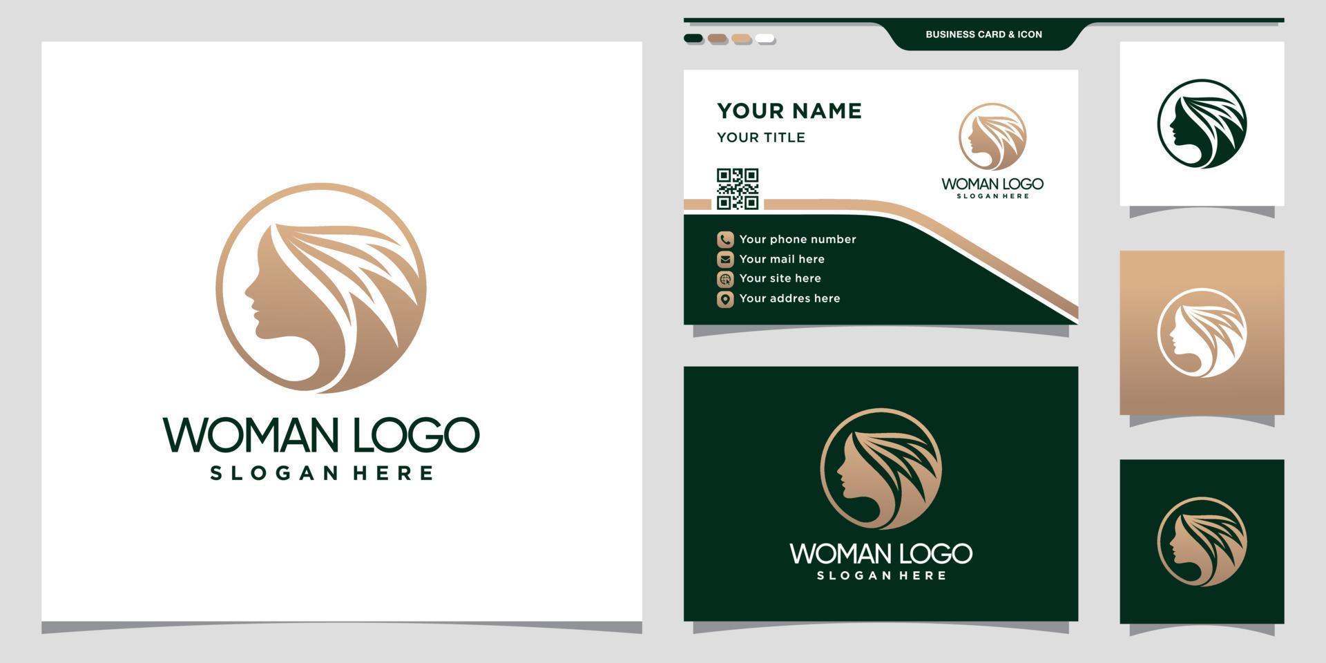 logotipo de belleza simple y elegante con cara de mujer en concepto de círculo y diseño de tarjeta de visita vector