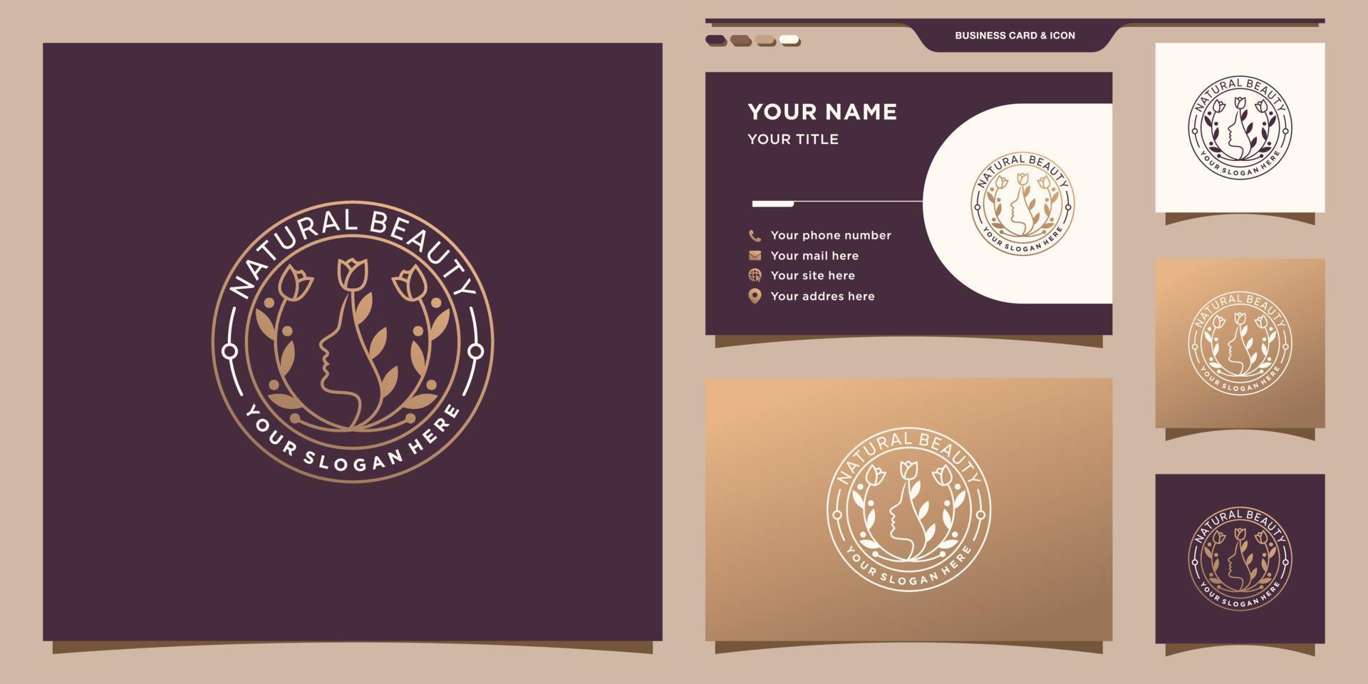 Simple and elegant natural beauty woman face logo with rose flower in linear style and business card Premium Vector