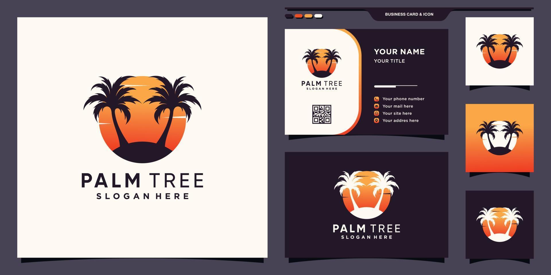 Abstract palm tree and sun logo with creative concept and business card design vector