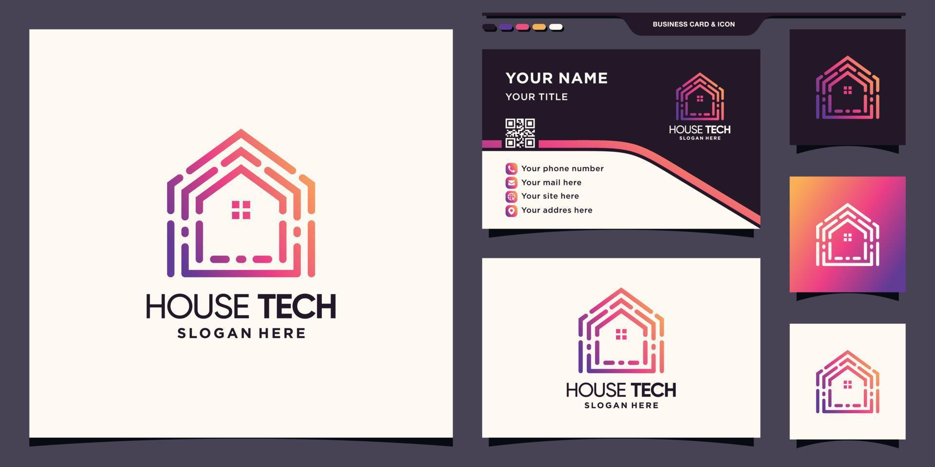House technology logo with modern unique linear style and business card design Premium vector